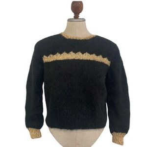 Vintage 80s mohair hand knit black pullover sweater metallic gold women’s size S